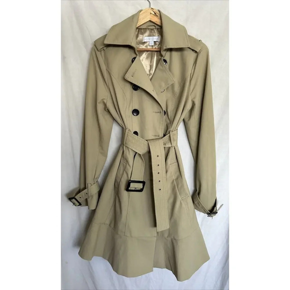 New York & Co Khaki Beige Double Breasted Belted Lined Peplum Trench Coat Size L - Picture 5 of 16